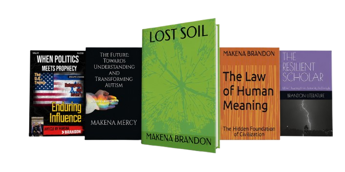 Makena Brandon book lineup featuring Politics and Prophecy, The Future, Lost Soil, The Law of Human Meaning, and The Resilient Scholar